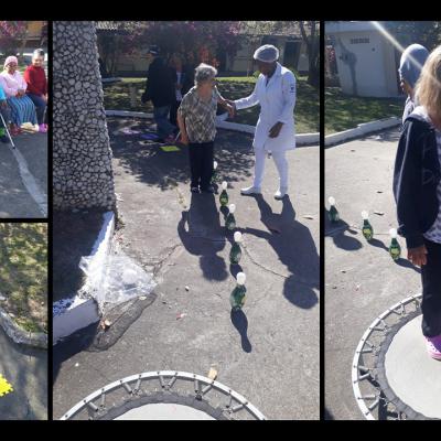 Atividade: circuito As quartas e sextas é elaborado no jardim da casa um circuito com obstáculos e exercícios apropriados aos idosos. São utilizados bambolês, cones faixas elásticas, cama elástica entre outros Objetivo: Simular solos estáveis e com obstáculos para treinar força e equilíbrio utilizar a marcha diminuindo assim o risco de queda.